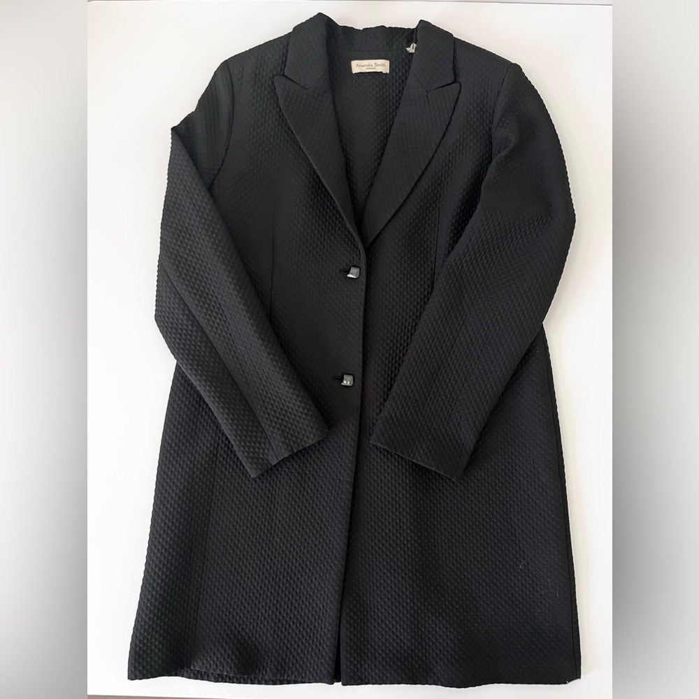 Amanda Smith Black Quilted Long Black Overcoat Blazer Lightweight Button Size 16